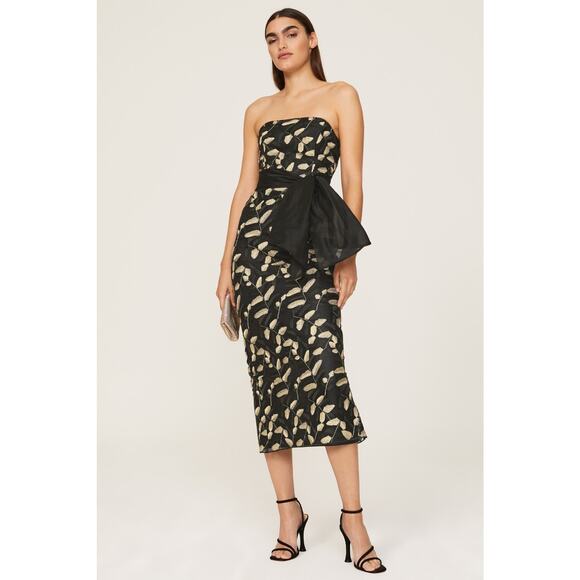 RTR Sz 4 Shoshanna Valerie Black Gold Leaf Strapless Bow Waist Midi Dress - Picture 1 of 9